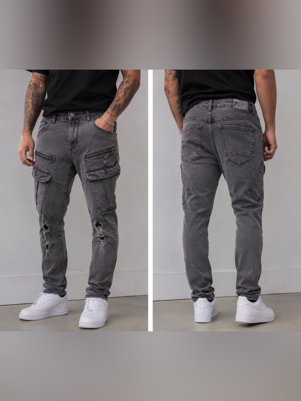 Bluenotes Slim Gray Cargo Jeans with Distressed Knees